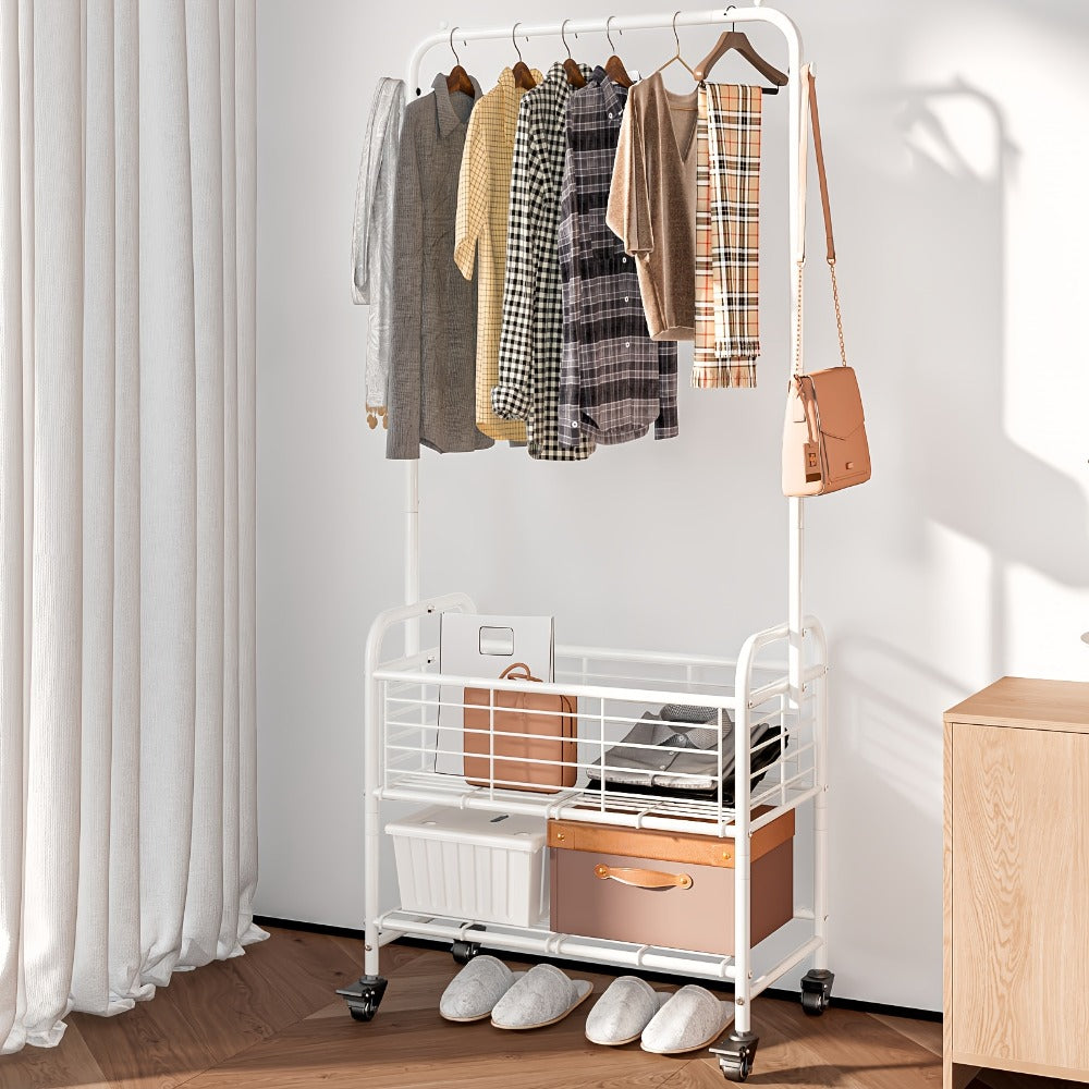 Rolling Laundry Basket Cart with 70.25-Inch Hanging Rail, Two Shelves, Four Casters and White, Black or Silver Frames