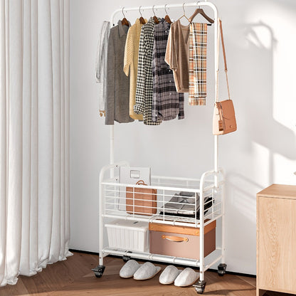 Rolling Laundry Basket Cart with 70.25-Inch Hanging Rail, Two Shelves, Four Casters and White, Black or Silver Frames