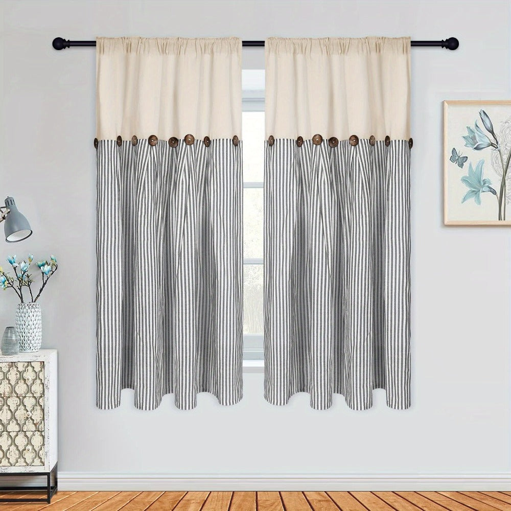Striped Patchwork Window Curtain Set with Rod-Pocket Top, Six Colors and Five Panel-Count or Size Options