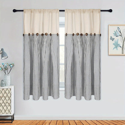 Striped Patchwork Window Curtain Set with Rod-Pocket Top, Six Colors and Five Panel-Count or Size Options