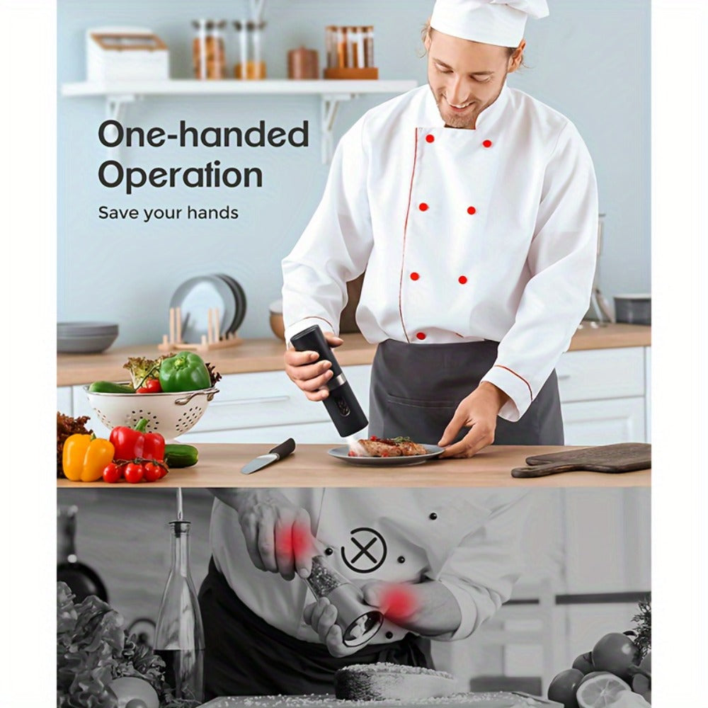 Electric Salt and Pepper Grinder Set 2-Pack Rechargeable with Charging Base & White Light - One-Hand Operation