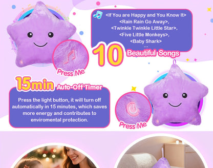 Purple Musical Star Plush Night Light with Color-Changing LEDs, 10 Lullabies, 15-Minute Timer and 13-Inch Design