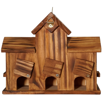 Three-Opening Wooden Birdhouse with Raised Center Roof, Twin Perched Side Trays and Hanging Loop
