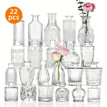 Assorted Clear Glass Bud Vase Set with 12, 24 or 64 Mixed Shapes for Flowers and Table Centerpieces