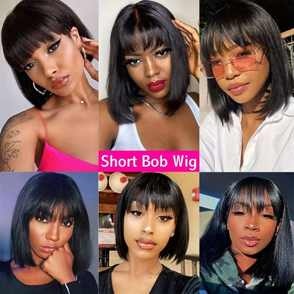 Brazilian Human Hair Bob Wig No Glue 200% Density Full Machine Made Straight with Bangs for Women | Natural Black 8 10 12 16 Inch | Glueless Beginner Friendly