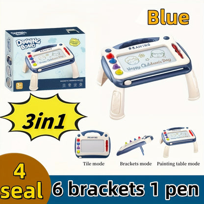 Three-Mode Magnetic Drawing Board with Four Stamps, Brush, Eraser Slider and Six Color Configurations