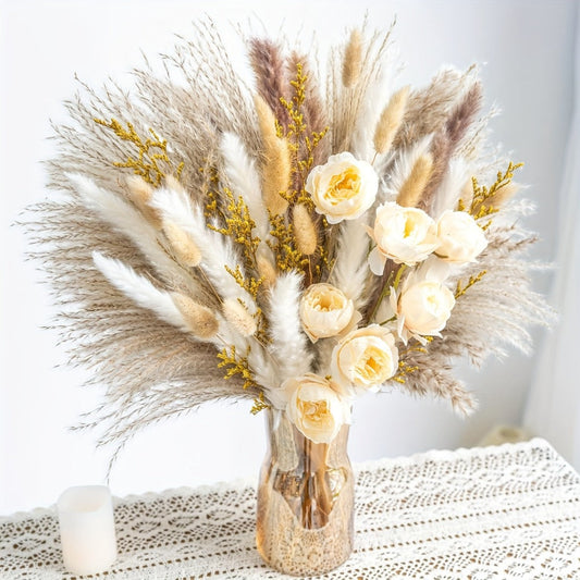 Dried Flower Bouquet Pampas Grass with Artificial White Beige Roses 51 91pcs Boho Dried Floral Arrangement for Wedding Centerpiece Farmhouse Home Table Decor Rustic Vase Filler No Maintenance