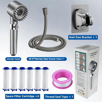 Four-Piece High-Pressure Wall-Mount Shower Head Set with Turbine Spray, Six Filters and 68-Inch Hose