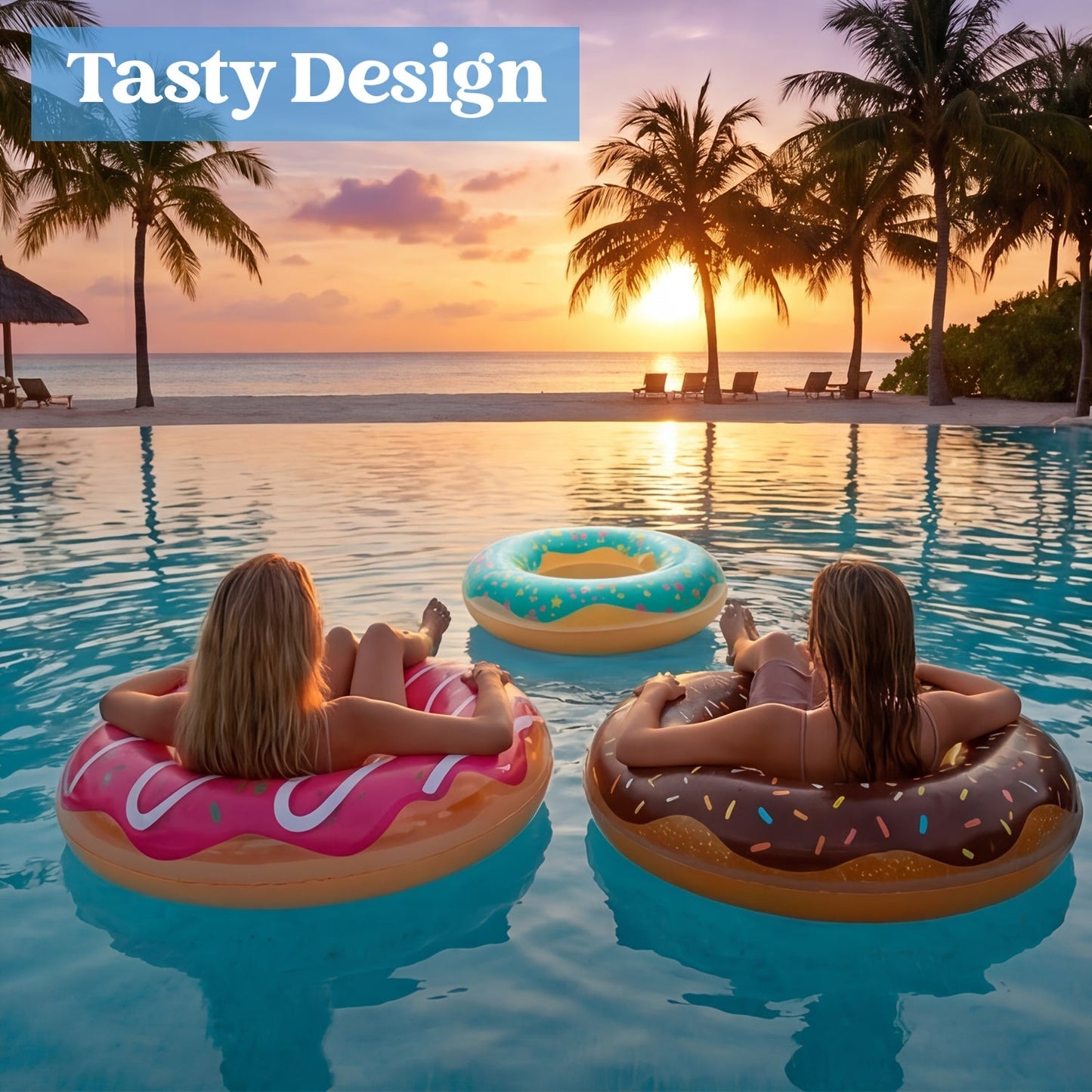 Inflatable Donut Pool Float 3-Pack | Glitter Swim Ring for Adults & Kids