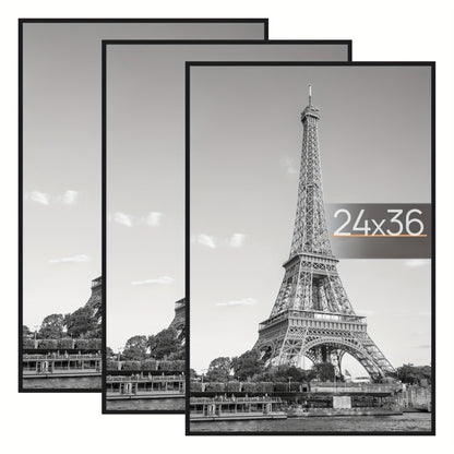 Poster Frame 24x36 Black 3 Pack, Slide-In Picture Frames for Horizontal or Vertical Wall Mounting, Scratch-Proof Lightweight Gallery Wall Photo Frame for Art Prints Diplomas