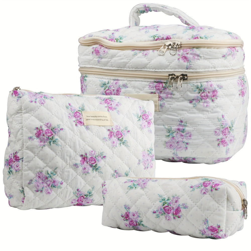 Makeup Bag – Set 3 PCS Quilted Cotton Dual Layer Large Capacity Floral Coquette Aesthetic Travel Cosmetic Bag Women Toiletry Organizer…