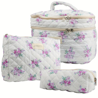 Makeup Bag – Set 3 PCS Quilted Cotton Dual Layer Large Capacity Floral Coquette Aesthetic Travel Cosmetic Bag Women Toiletry Organizer…