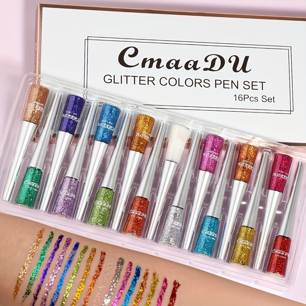 Glitter Liquid Eyeliner Set 16 Colors water-resistant Shimmer Metallic Eye Liner Pen Kit – extended-wear Smudge-Proof Sparkle Eye Makeup