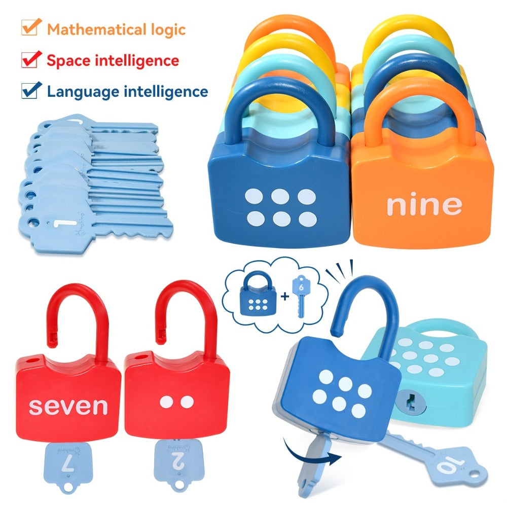 Ten-Piece Number Lock and Key Matching Set with Color-Coded Locks for Counting One Through Ten