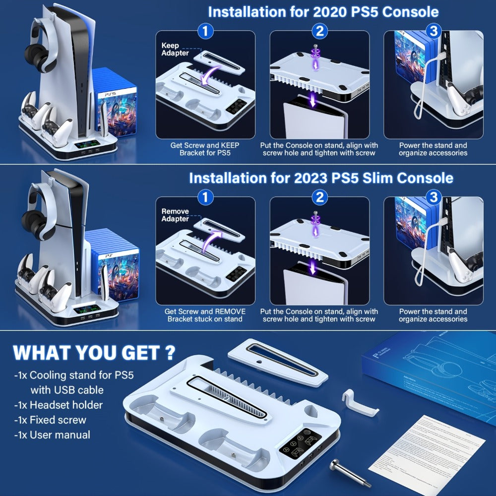 Black Console Cooling Stand Compatible with PS5, Slim and Pro Models, Three Fan Speeds and Dual Controller Dock