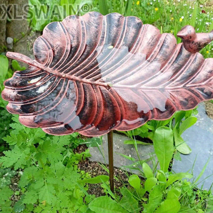 Sculpted Big-Leaf Bird Bath with Ground Stake in Single or Two-Piece Options for Garden Use