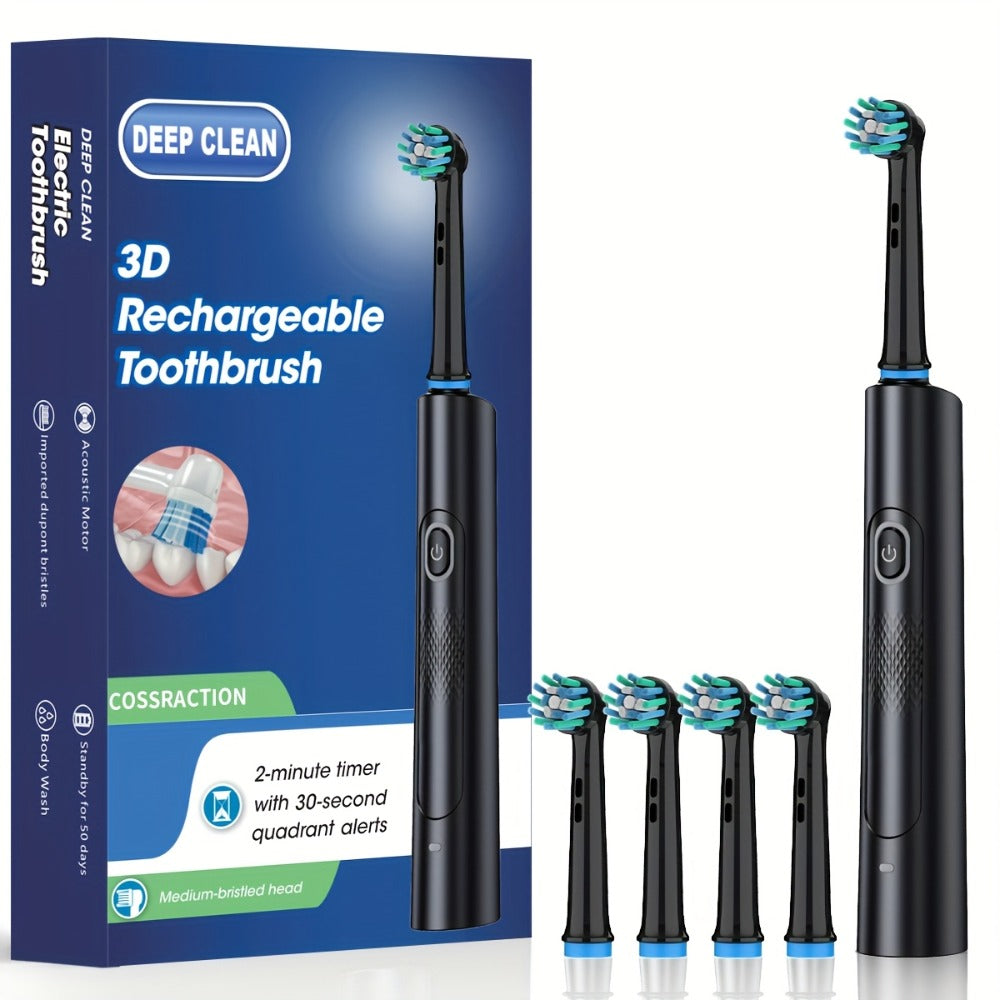 Electric Toothbrush with Round Brush Heads, IP67 Rating, Smart Timer and Six Color and Head-Count Bundles