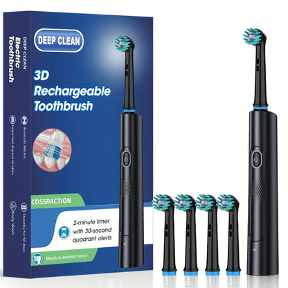 Electric Toothbrush with Round Brush Heads, IP67 Rating, Smart Timer and Six Color and Head-Count Bundles