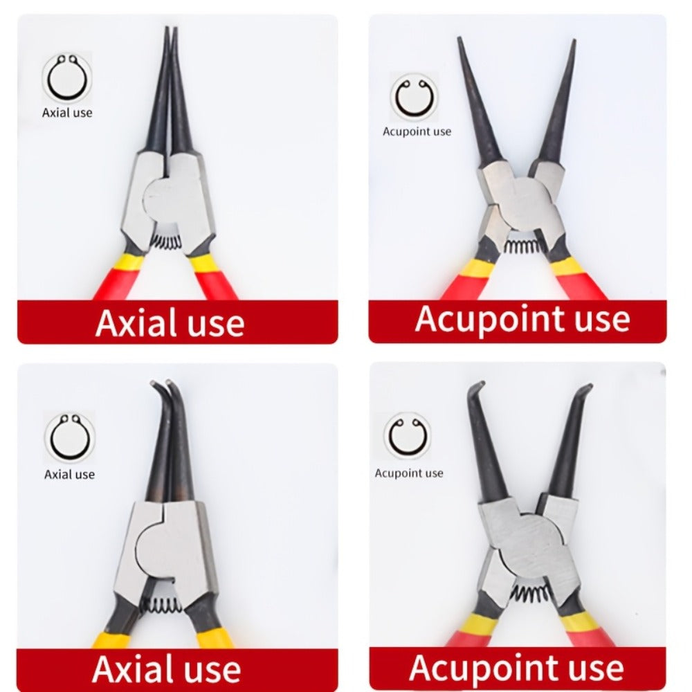 Four-Piece Snap Ring Pliers Set with Straight and Curved Jaws for Internal or External Rings in 7- or 9-Inch Sizes