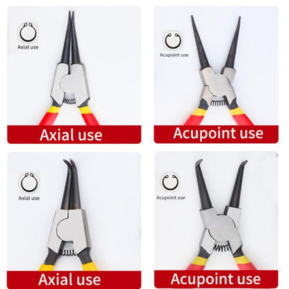 Four-Piece Snap Ring Pliers Set with Straight and Curved Jaws for Internal or External Rings in 7- or 9-Inch Sizes