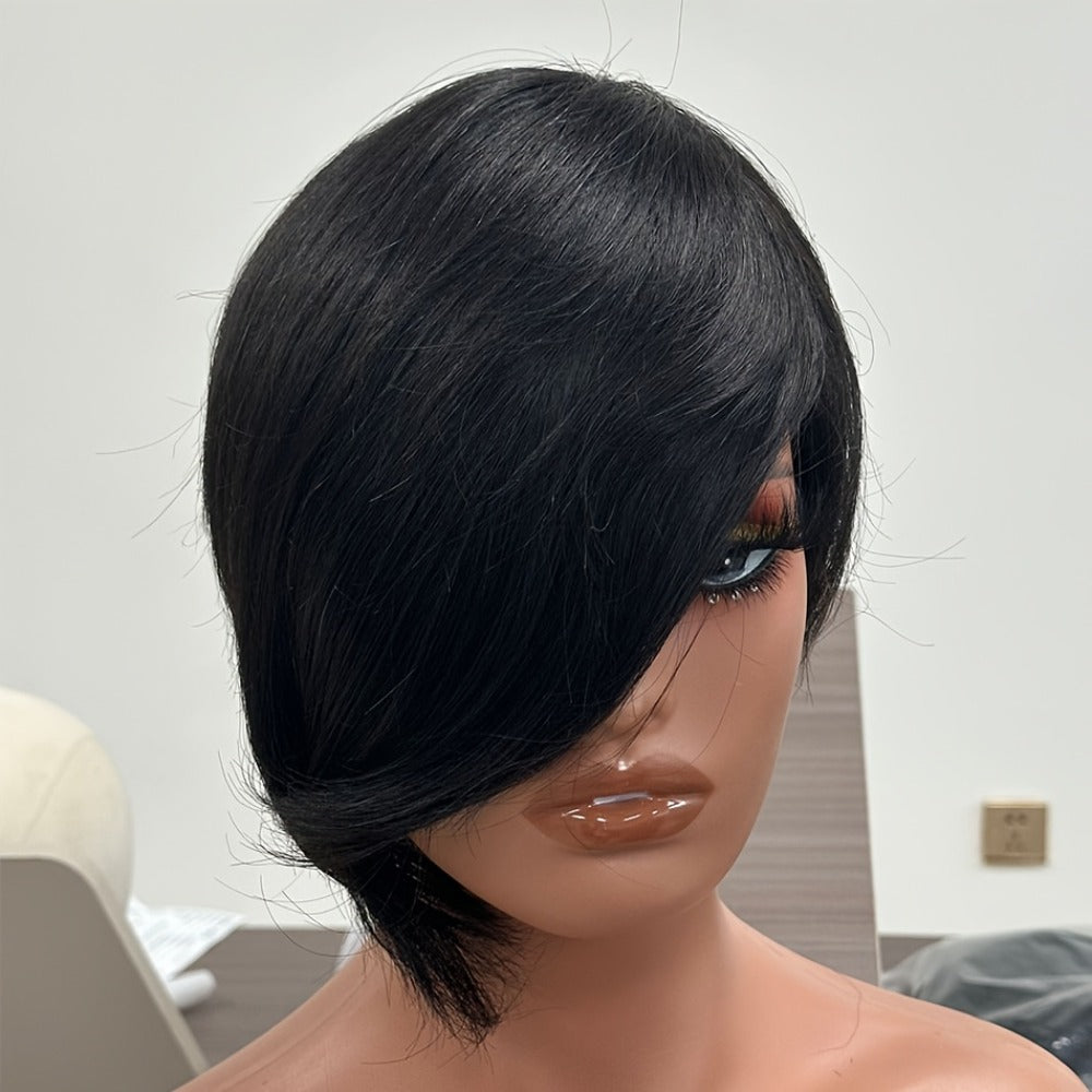 Layered Pixie Human Hair Wig with Side Bangs in #4 Brown, #99J Burgundy or #1 Black Color Options