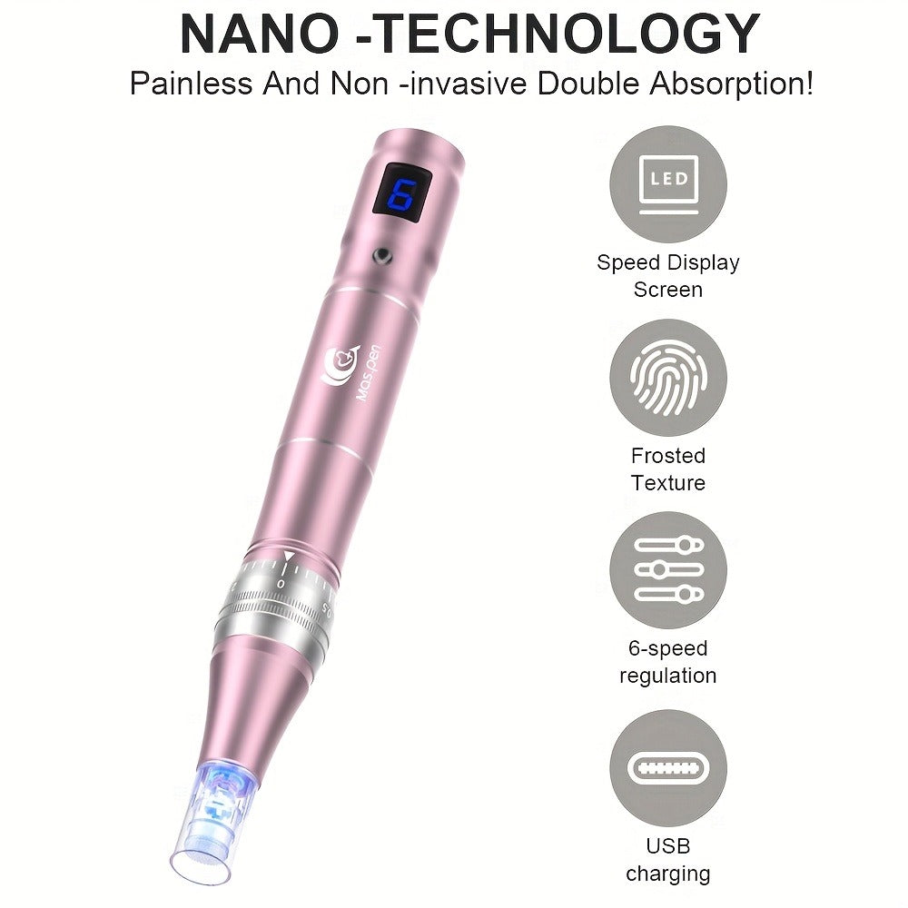 L6 Pink Microneedling Pen Kit with 10 Replacement Tips, Six Speed Levels and USB Charging Cable