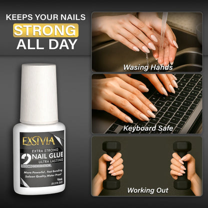 Nail Glue, EXSIVIA 10ml Brush-On Bottle with Fine Applicator for Press-On Nails, Acrylic Tips and Nail Art