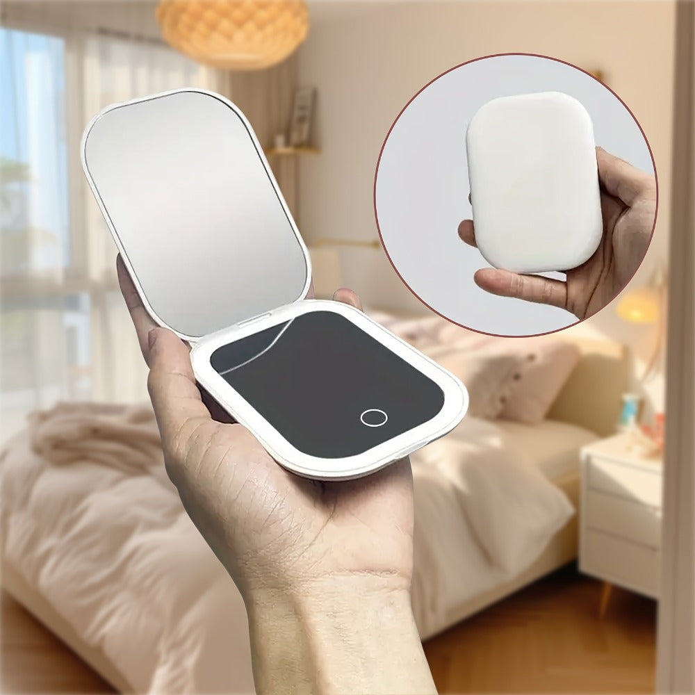 USB-Rechargeable LED Compact Mirror with 1X and 10X Sides, Three Light Colors and Pink or White Cases