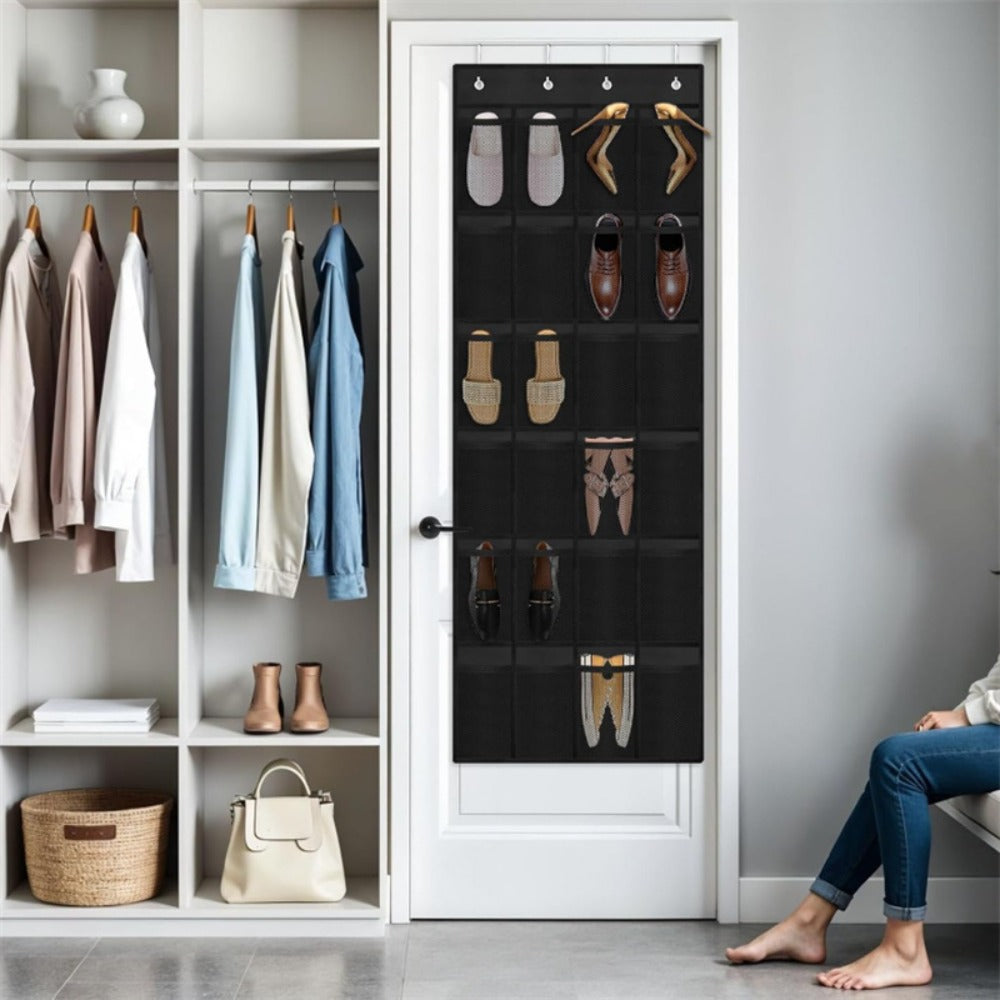 Over Door Shoe Organizer 24 Large Mesh Pockets – Foldable Breathable Hanging Storage Rack, Durable Fabric Closet Hanger for Shoes & Accessories, Space-Saving Door Organization