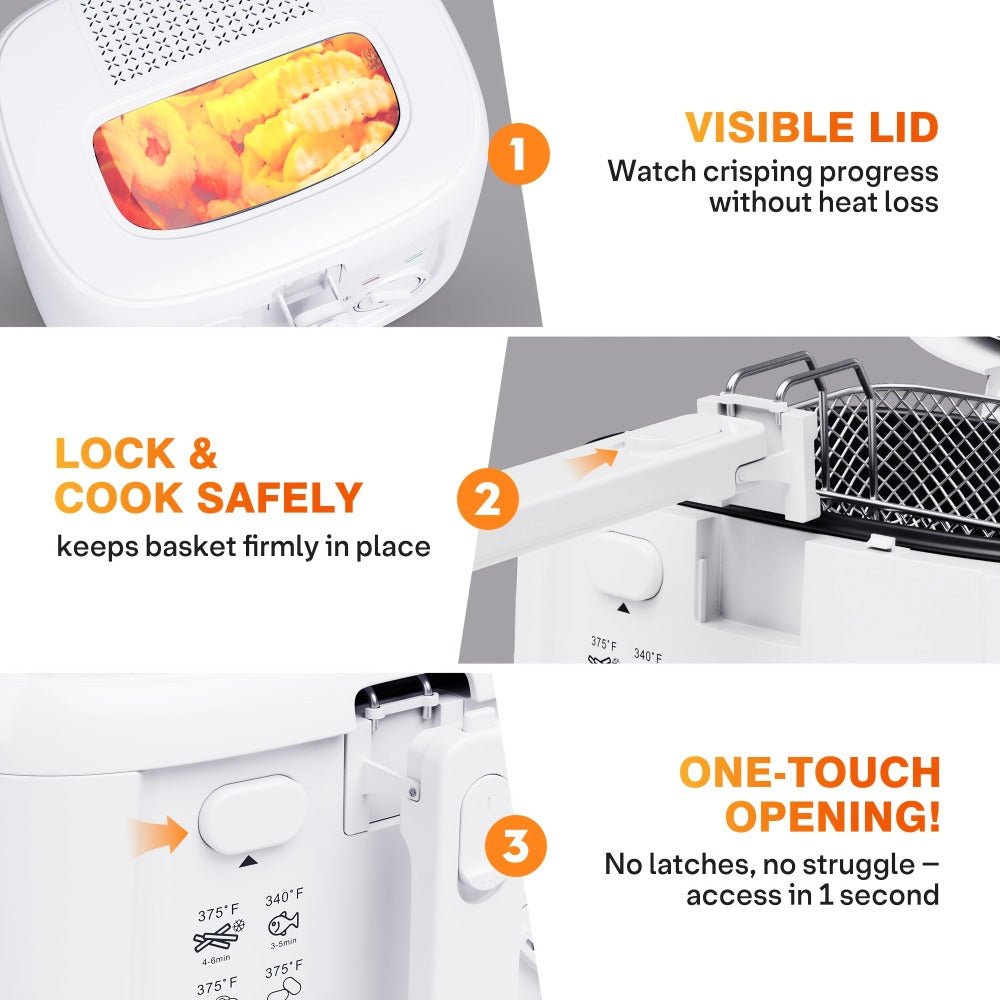 Electric Deep Fryer 1500W – 84.54oz Large Capacity, Adjustable Temperature Control, Non-Stick Basket, Viewing Window, Removable Lid, One-Touch Switch, Easy to Clean, Black & White Options
