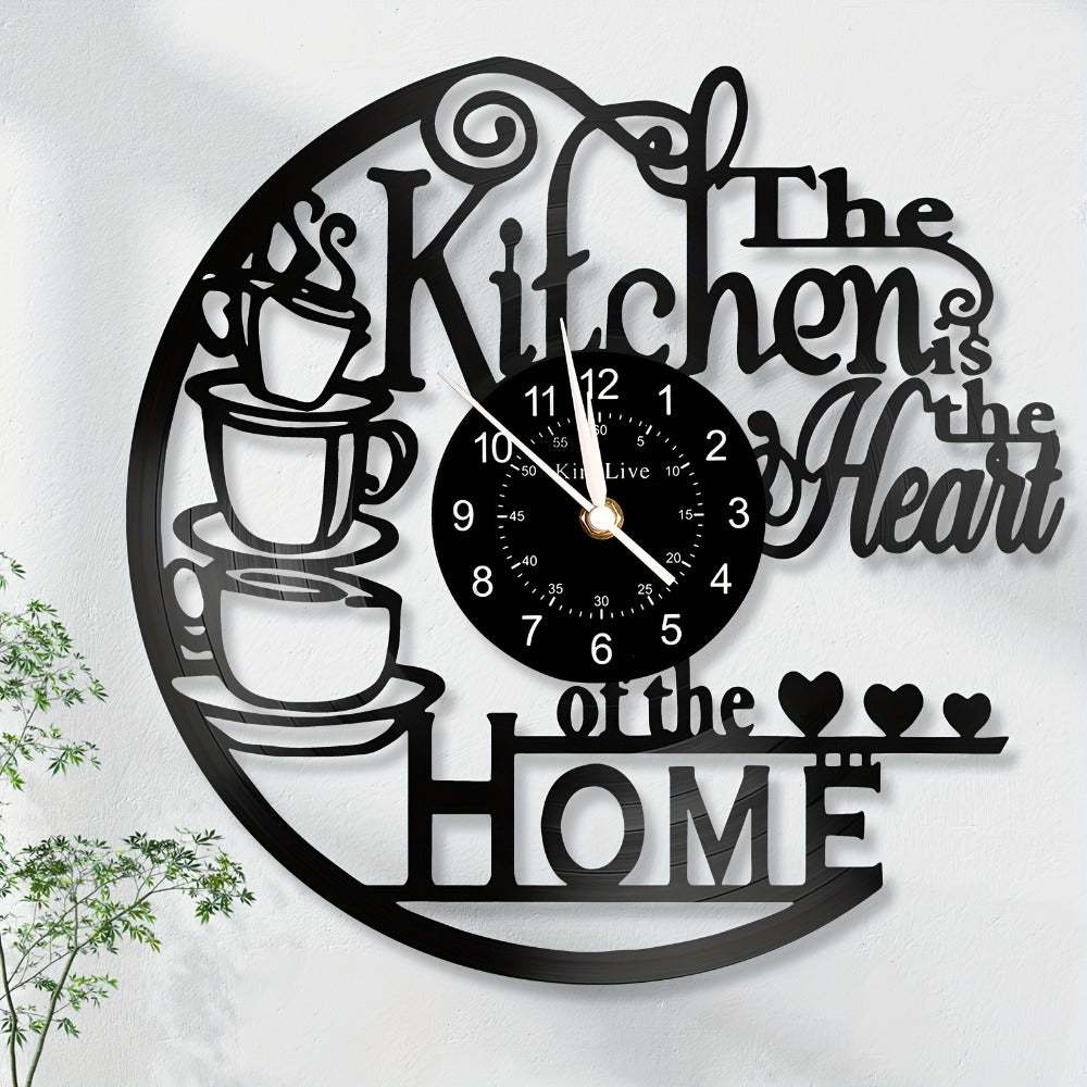 Coffee-Themed Vinyl Record Wall Clock with Cutout Lettering and Standard or LED Light Configuration