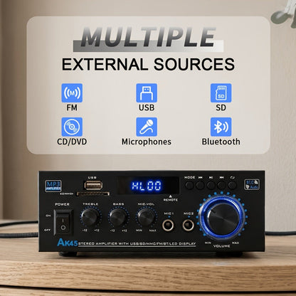 AK45 Two-Channel Bluetooth Home Audio Amplifier with FM, Karaoke Inputs, USB, MMC and SD Card Playback Options