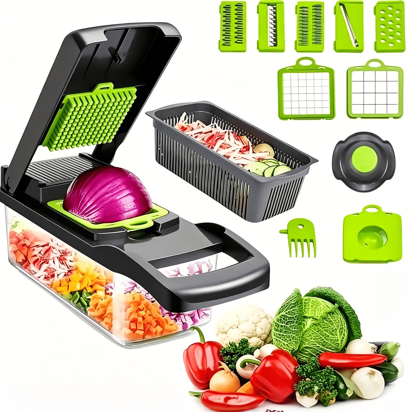 14-in-1 Vegetable Chopper and Grater with Clear Collector, Egg Separator and Upgraded Grater Checkout Option