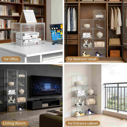 Three-Pack Clear Handbag Display Boxes with Front Magnetic Doors, Stackable Design and Exact Checkout Label