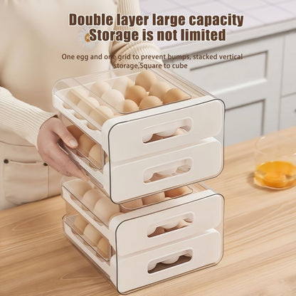 White Double-Layer Refrigerator Egg Storage Drawer with 32-Grid Tray and Clear Stackable Cover