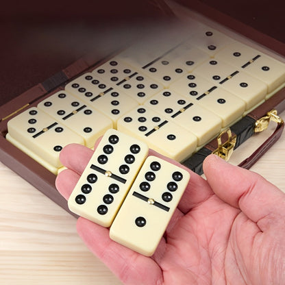 Domino Set 28 Tiles Classic Black with Leather Case – Durable Plastic Dominoes Portable Storage Box for Family Games Party Group Play, Holiday Christmas Thanksgiving Gift