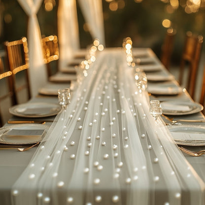 Three-Piece White Pearl-Beaded Tulle Table Runner Set, 2.5 x 9.8 Feet Each for Event Tables