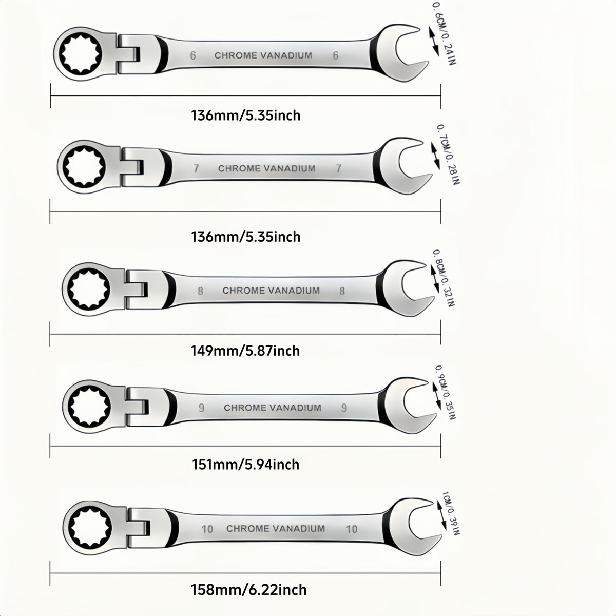 CR-V Flex Head Ratchet Wrench Set 5-Piece – 2-in-1 Reversible Open End & Hex Socket Dual-Purpose Kit | Automotive Engine Bay, Plumbing, DIY Workshop & Confined Space Repair