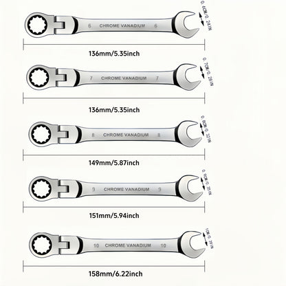 CR-V Flex Head Ratchet Wrench Set 5-Piece – 2-in-1 Reversible Open End & Hex Socket Dual-Purpose Kit | Automotive Engine Bay, Plumbing, DIY Workshop & Confined Space Repair