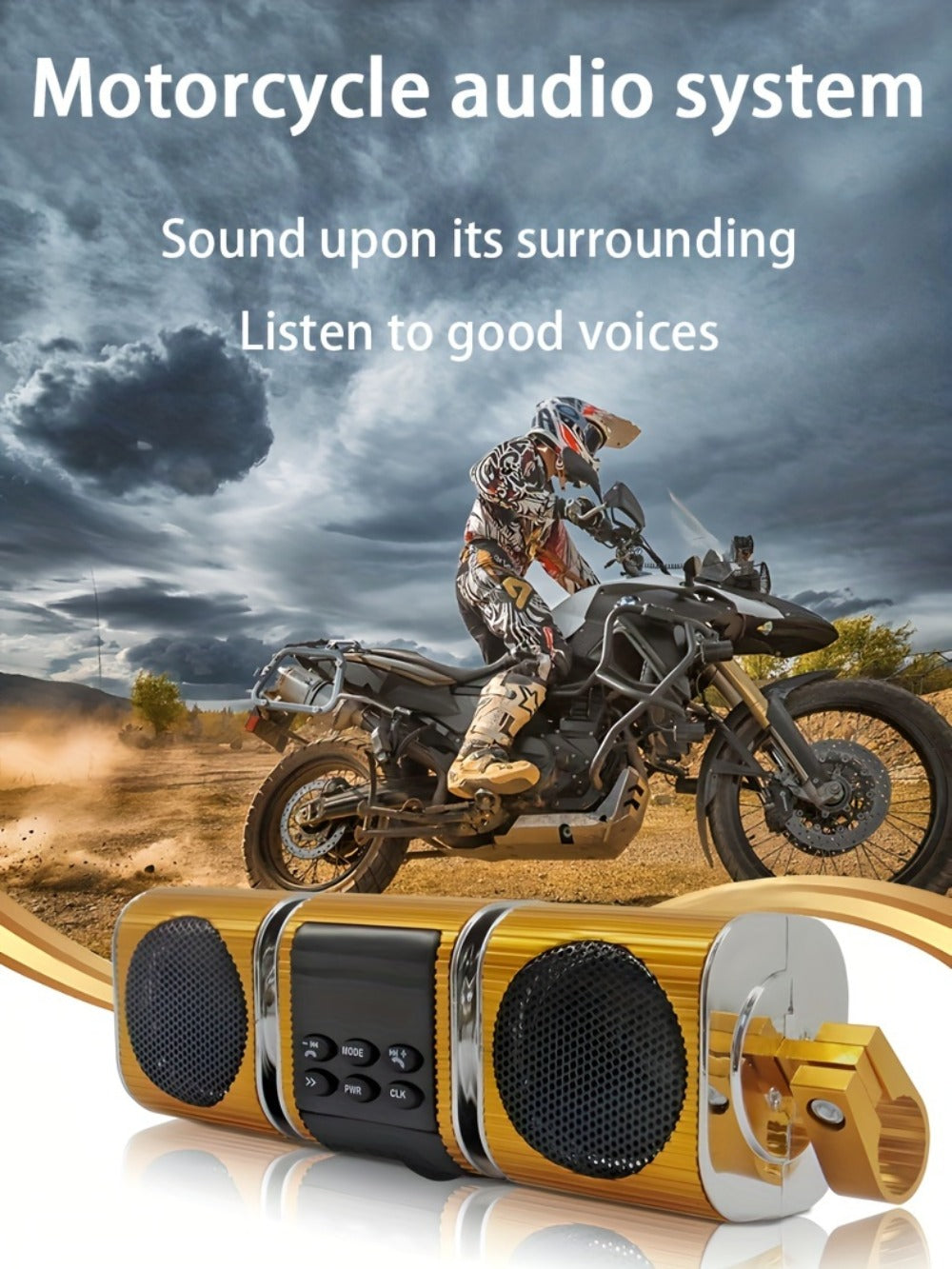 Motorcycle Bluetooth Speaker Sound Bar with Built-in Amplifier – IPX5 Waterproof, FM Radio, USB & AUX Input, 12V Metal MP3 Player for Handlebar, ATV, Scooter & Off-Road Bike