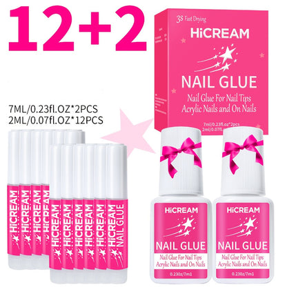 Acrylic Nail Glue Set 14 Pcs No Lamp Quick Dry Super Strong Bond — 12×2ml + 2×7ml Bulk Pack for Press On Nails, Fake Nails, Rhinestones & Nail Art Repair | Long-Lasting DIY & Salon Adhesive for Women