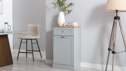 Tilt Out Trash Cabinet Freestanding Kitchen Garbage Cabinet with Cutting Board & Drawer – Wood Hideaway Recycling Station, Fits 10 Gal, Black/White