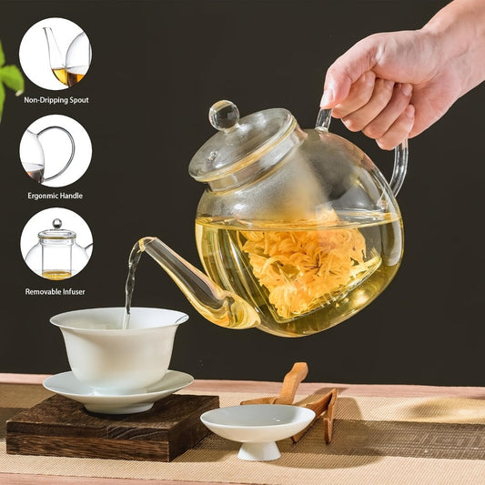 Glass Teapot with Removable Infuser 51oz Borosilicate Clear Tea Kettle Stovetop Safe for Loose Leaf Blooming Herbal & Flower Tea – 1530ml Tea Pot with Optional Teacup Set