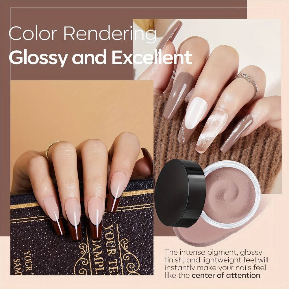 Dip Powder Nail Kit with YANYILIKE Label, Four Pink Brown Beige Powders, Three 10ml Liquids and Four Tools