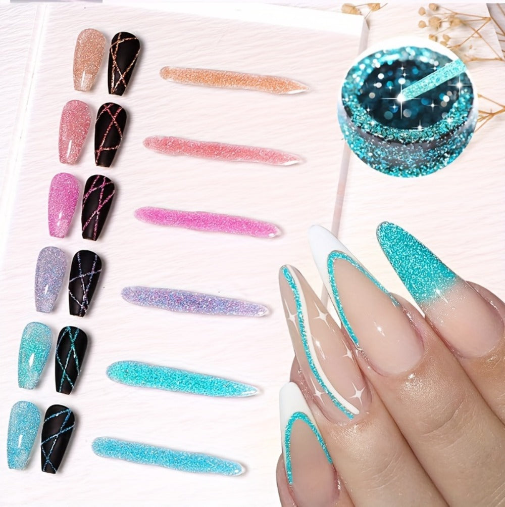 Reflective Liner Nail Art Gel Six-Bottle Set with 5ml CR01 to CR06 Colors and Slim Brushes for Detail Lines