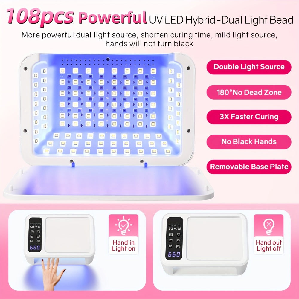 Dual Hand LED Nail Lamp – 2-in-1 Blue & Red Light Gel Curing Light with Removable Plate, 4 Timers & Auto Sensor | Professional Fast Nail Dryer for Both Hands, Home & Salon DIY Manicure