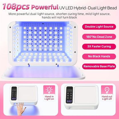 Dual Hand LED Nail Lamp – 2-in-1 Blue & Red Light Gel Curing Light with Removable Plate, 4 Timers & Auto Sensor | Professional Fast Nail Dryer for Both Hands, Home & Salon DIY Manicure