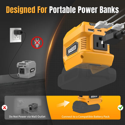 Portable Power Inverter 200W - DeWalt 20V Battery Compatible, DC to AC 110V, 2 USB + Type-C Fast Charging, 400LM Work Light, for Car, Camping & Outdoor Use