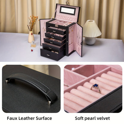 Jewelry Box 6 Tier with 5 Drawers Mirror & Lock | Large Jewelry Organizer Storage Case Gift for Women