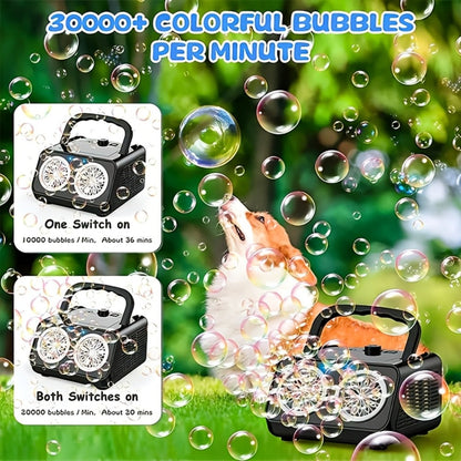 White Dual-Wheel Bubble Machine with Material Thickened Label, Handle, USB Port and Battery Compartment